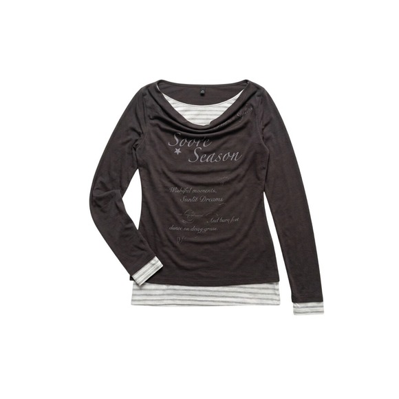 Score Season Tops - Soote Season Brown Layered Cowl Neck Graphic Top Long Sleeve Striped Y2K Fairy